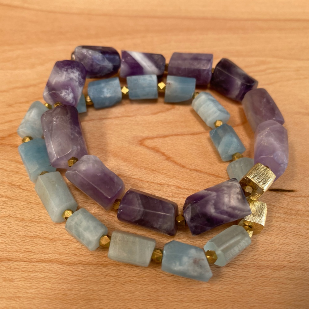 Chevron Amethyst and Aquamarine Genuine Gemstone Bracelets NWOT